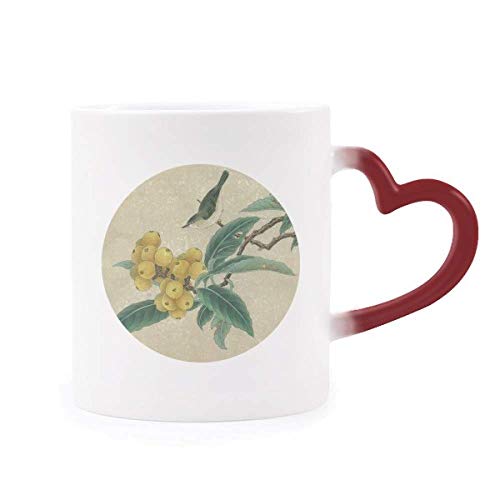 Loquat Embroidered Feather Figure Chinese Painting Morphing Mug Heat Sensitive Red Heart Cup