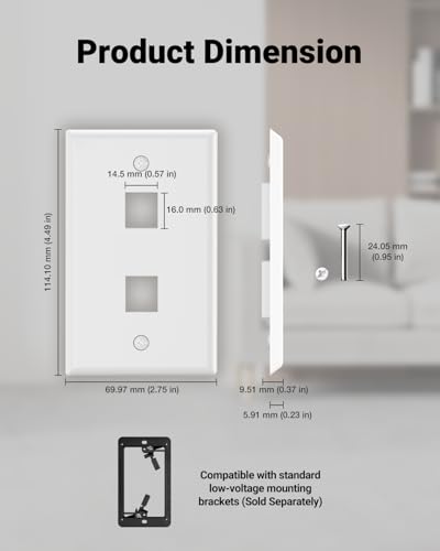 VCE 2 Port Keystone Wall Plate UL Listed (10-Pack), Single Gang Wall Plates for RJ45 Keystone Jack and Modular Inserts, White