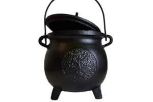 AZUREGREEN Home Fragrance Potpourris Cauldrons Tree of Life Cast Iron Three Legged with Handle and Lid Large 8"