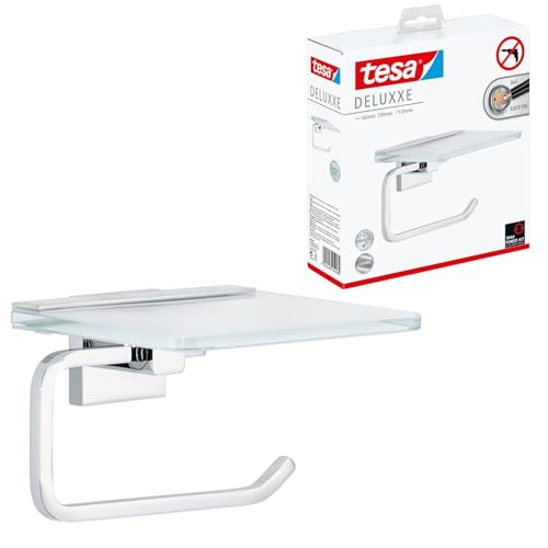 tesa DELUXXE toilet roll holder with shelf, self-adhesive, high-gloss chromed metal, exquisite design, guaranteed stainless, 99mm x 160mm x 139mm