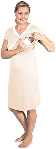 Nursing Nightgown for Breastfeeding &amp; Pregnancy with eBook by Ibloom Maternity|Fashionable, Super Comfortable Dress for Home &amp; Hospital|Short-Sleeved Sleepwear Gowns for Mothers (Large, Cream/White)