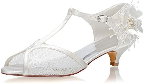 01135 Women's Bridal Shoes Peep Toe T-Strap Low Heel Lace Satin Flower Pumps Wedding Shoes