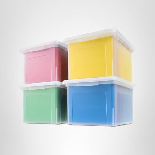 IRIS USA FILE BOX, PLASTIC FILE ORGANIZER WITH LIDS FOR LETTER/LEGAL FILE, PORTABLE DOCUMENT BOX FOR MOVING, STORAGE BIN WITH DURABLE AND SECURE LID, STACKABLE NESTABLE BPA-FREE, CLEAR 35 QT. 4 PACK