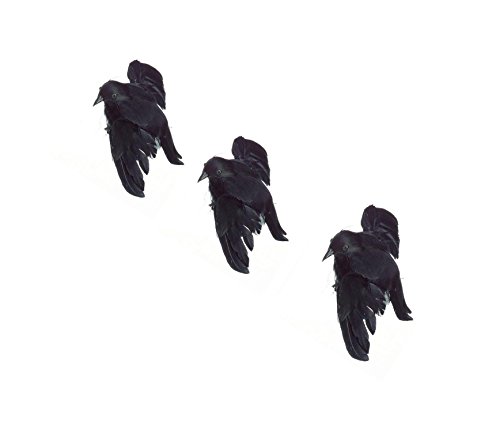Package of 3 Artificial Black Feather Halloween Flying Crows - 4 3/4
