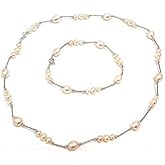 Fine Pearl Necklace & Bracelet Japanese Pearl Jewelry SET Akoya Lustrous Baroque Pearls Lady HANDMADE Jewellery Solid Sterling Silver 925 Silk Strung Anniversary Birthday Special Occasion Womens day