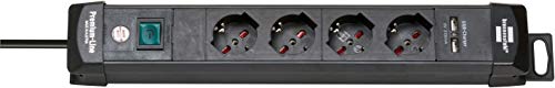 Brennenstuhl , Premium-Line Steckdosenleiste mit USB-Ladeanschluss 4-Fach schwarz 3m H05VV-F 3G1,5 (Italienischer Stecker)