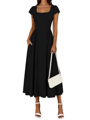 YUNDAI Womens Square Neck Short Sleeve Flowy A-Line Midi Dress with Pocket at Amazon