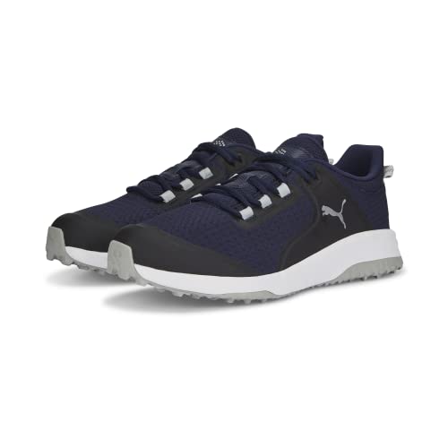 Puma Golf Men's Fusion Grip Extra Wide Golf Shoe, Navy- Silver-Quiet Shade, 11