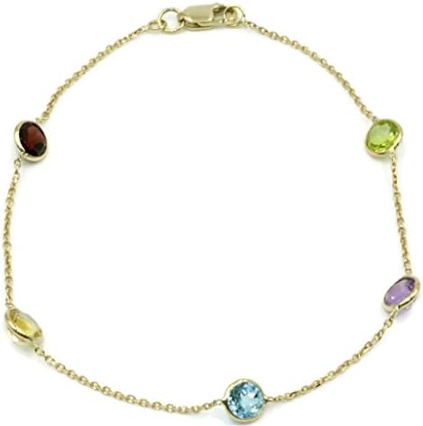 Multi-Color Gemstone Bracelet ,14k Yellow Gold Lobster Lock, 8" Long