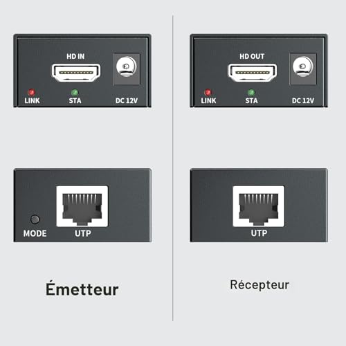 DT237P HDMI Extender over IP 120m/400ft HDMI Extender RJ45 over Single Cat5e / 6/7 Full HD 1080P@60Hz Support POE and Transmission 1 to Multiple Via Switch