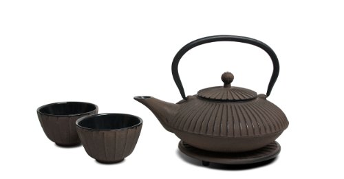 Miya Stripe 22-Ounce Cast Iron Teapot and Teacup Set w/ Strainer and Trivet, Brown