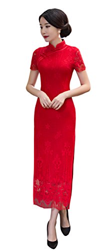 Angcoco Women's Red Lace Cheongsam Wedding Bride Dress China Qipao