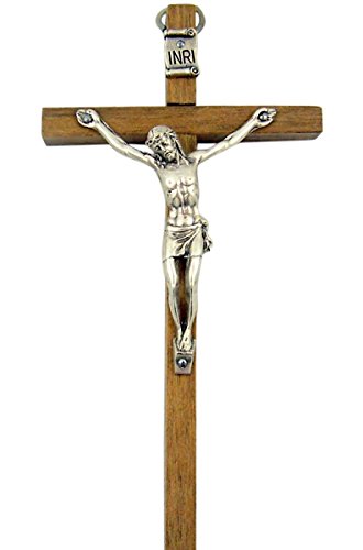 Brown Wooden Cross with Silver Toned Christ Corpus Crucifix Pendant, 4 3/4 Inch