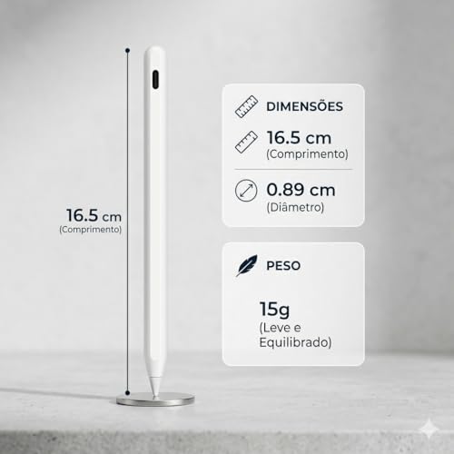 Caneta Stylus Pen Recarregável USB com Ponta Fina 1,5mm e LED para iPad, Tablet e Celular Touch Screen