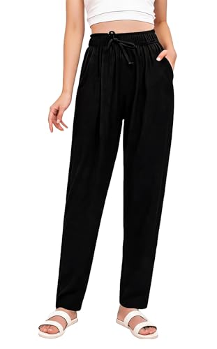 UDILEO Women's Summer Lightweight Comfortable Curvy Trousers with Pockets Elastic Waist Solid Color Casual for Beach Holiday Home
