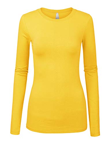 Womens Basic Yellow Colors Slim Fit Long Sleeve Round Neck Top (1100-YELLOW-M)