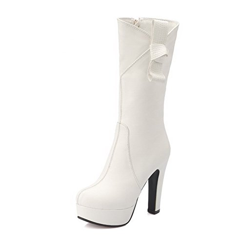 AllhqFashion Women's Zipper Pu Round Closed Toe High Heels Solid Boots, White, 36 AllhqFashion Women's Zipper Pu Round Closed Toe High Heels Solid Boots, White, 36