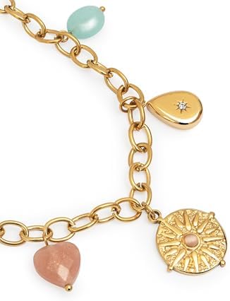 - Collier Multicharms Soleil. Acier avec Finition Plaqué Or 18Kt. Chaîne à Maillons avec Charms Suspendus. Détails en Pierres Naturelles et Zirconiums. Bijoux pour Femme