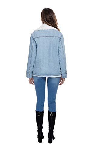 Nicasia Women\'s Winter Denim Jacket Sherpa Trucker White Faux Fur Collar Fleece Lined Long Sleeve Buttons Thicken Coat Blue (Blue, M)