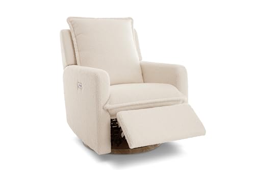 Valencia Milo Sheepskin Recliner, Power Recliner with USB Charging Port, Soft Sherpa Fabric Swivel Chair with Wooden Base, Armchair for Living Room (Beige)