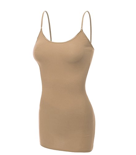 Emmalise Clothing Women's Basic Casual Plain Long Camisole Cami Top Tank, Khaki, Small