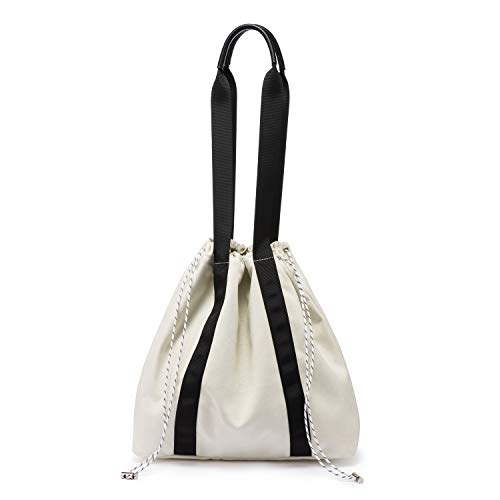 LOVEVOOK Canvas Shopper Damen Handtasche Schultertasche Umhängetasche Einkaufen Arbeiten Schule Reisetasche PU-Griff Schrumpfseil Henkeltasche Cremeweiß