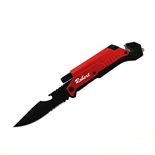 GIFTS INFINITY Personalized Engraved Tactical Knives 6-in-1 Multitool Survival Pocket Knife with Magnesium Fire Starter, LED Flashlight Bottle Opener Seat Belt Cutter and Windows Breaker