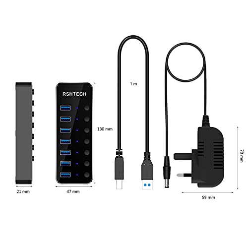 RSHTECH USB Hub Powered 7 Port USB 3.0 Data Hub Aluminum USB Extension Splitter with Individual On/Off Switch Universal AC to DC 5V Power Adapter (RSH-518) - Image 7