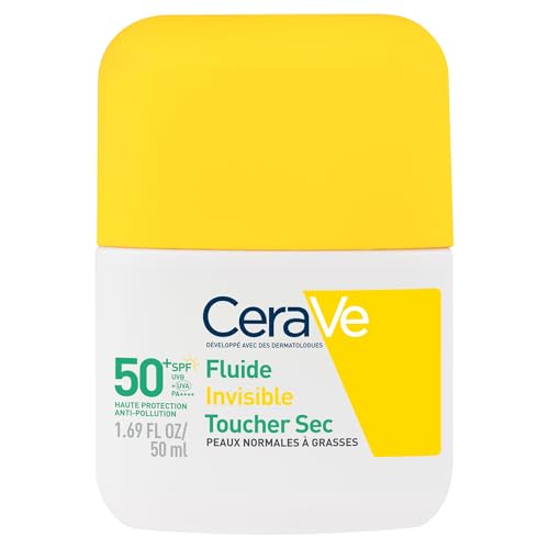 , Fluide Invisible Toucher Sec SPF 50+, Très Haute Protection Solaire Visage, Peaux Normales à Grasses, Matifiant 12H, Sans Traces Blanches, Base Maquillage, Niacinamide et Vitamine E