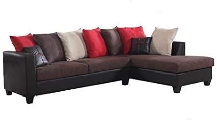 Amazon Com Realone Fabric And Faux Leather Sectional Sofa And Chaise Chocolate Brown Couch With Red Beige And Brown Accent Pillows Kitchen Dining