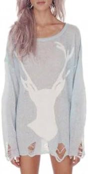 Women Sweater Knit Knitwear Pullover Jumper Top Deer Stylish Holes Long Sleeve