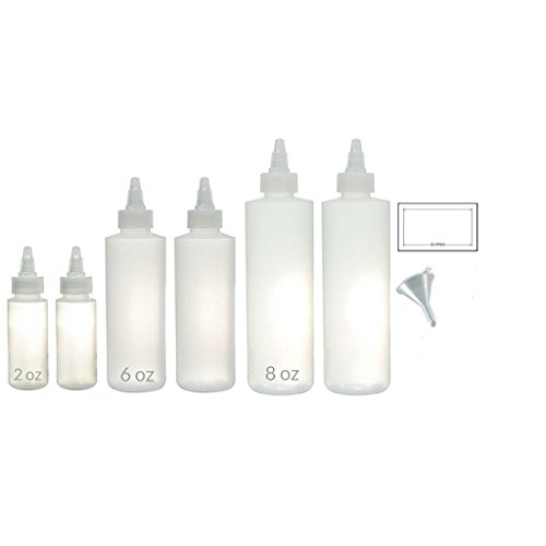 Twist Top Spout Natural Clear Refillable (BPA Free) Plastic Squeeze Bottle Set (6 pack) 2 oz, 6 oz, 8 oz + Funnel and Labels