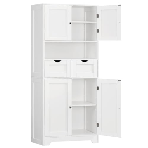 TEENFON 57.8" H Tall Bathroom Cabinet, Storage Cabinet with Adjustable Shelf & 2 Drawers, Bathroom Storage Cabinet with 4 Doors for Living Room, Dining Room, White