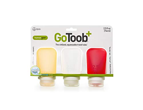 humangear Gotoob+ Silicone Travel Bottle with Locking Cap, 3-Pack, Medium (2.5oz), Clear/Red/Orange