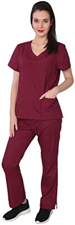 wome's medical mock wrap scrub top w 2 pockets &amp; 5 pocket cargo pant wine-XS