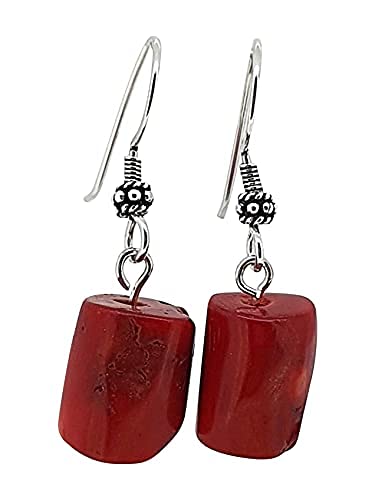 Treasurebay Handmade 12mm Natural Gemstone and Sterling Silver Dangle Drop Earrings (Red Coral)
