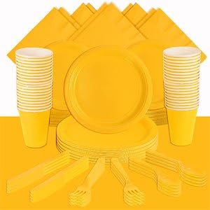 TBC HOME DECOR® Economy Buttercup Yellow Party Kit In A Box for 12 guests, 2 table covers 54 x 108, 1- 84 ft roll of crepe streamer, 15 helium Balloons, 3 Foil Balloons, 20 plates, 48 utensils, 20 napkins, glow bracelets, Party Favor Chest and MORE! OVER $100.00 IN VALUE. 100% MONEY BACK GUARANTEE BY TBC HOME DECOR®