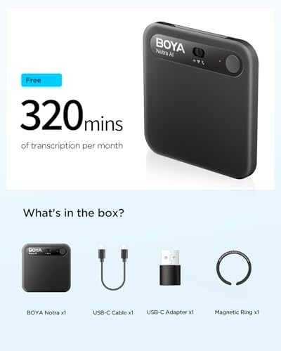 BOYA Notra AI Voice Recorder,3-Mode Capture -Ambient/Phone Call/Bluetooth, AI Transcription&Smart Summary, Support 140+ Languages, 64GB Storage, Magnetic Note Taker for Meetings,Lectures,Interviews