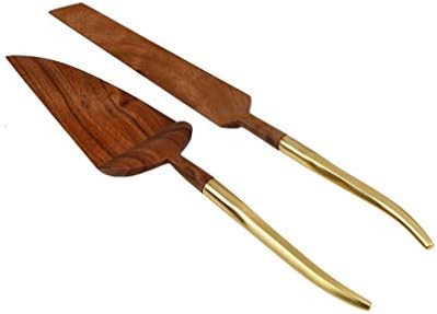 ウェディングケーキナイフとサーバーセット 木製ケーキサーバー ゴールドハンドル付き 結婚式 パーティー エレガント