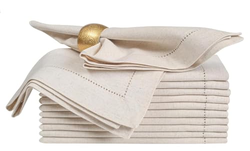 BEDDING CRAFT Set of 12 Linen Flax Cotton Cloth Dinner Napkin with Hemstitched 20x20 Natural, Mitered Corners -Perfect for Wedding, Dinner, Parties and Table Decorations