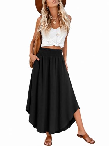 StunShow Long Flowy Maxi Skirt with Side Pockets Smocked Waist Black S at Amazon