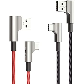 Right Angle USB C Cable AUKEY ( 2 Pack 3.3ft ) 90 Degree USB C to A Fast Charging Cable Aramid Fiber Braided Nylon Type C Charger Cord for Samsung Galaxy Note 9 8 S10 S10+ S9 S8+, LG V30, Pixel 2 3 XL