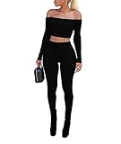 Vamvie Women's Sexy 2 Pieces Off Shoulder Long Sleeve Crop Top+Long Pant Bodycon Jumpsuit Skinny Romper Black Large