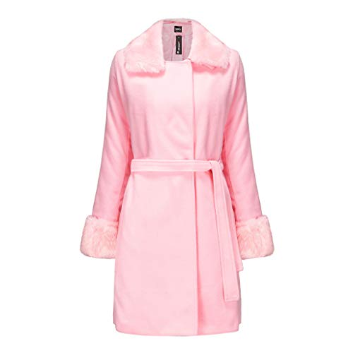 Fudule Women Trench Coat Fur Long Sleeve Wool Pea Coat with Belt