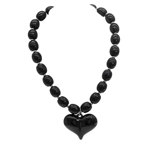 CIOOU Chunky Big Beaded Hearts Necklace for Women Large Love Heart Beads Choker Collar Neck Bead Statement Necklaces Jewelry (black heart black bead) at Amazon