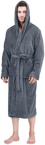 NY Threads Mens Hooded Fleece Robe Plush Long Bathrobes, Grey