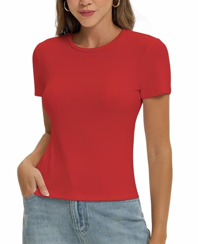 Damen Basic T-Shirt Y2K Slim Fit Oberteile Elegant Stretch Unterziehshirt Einfarbiges Top(Rot-F1,Xl)