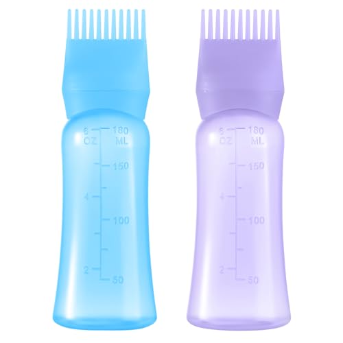 Aurnoet Root Comb Applicator Bottle 6 OZ, Hair Oil Applicator Bottles for Scalp with Massage Comb, 2 Pack Hair Dye Applicator with Graduated Scale (Purple, Blue)