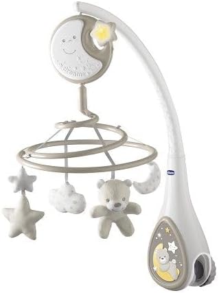 Chicco next2dreams carousel baby mobile - 3 em 1 compatível com berço next2me ou mini berços para dormir juntos / viagens, efeitos sonoros, projetor de luz noturna e música clássica, 0m +, cinza
