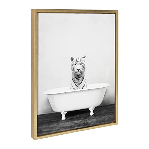 Kate and Laurel Sylvie White Tiger in Bathtub Framed Canvas Wall Art by Amy Pet…